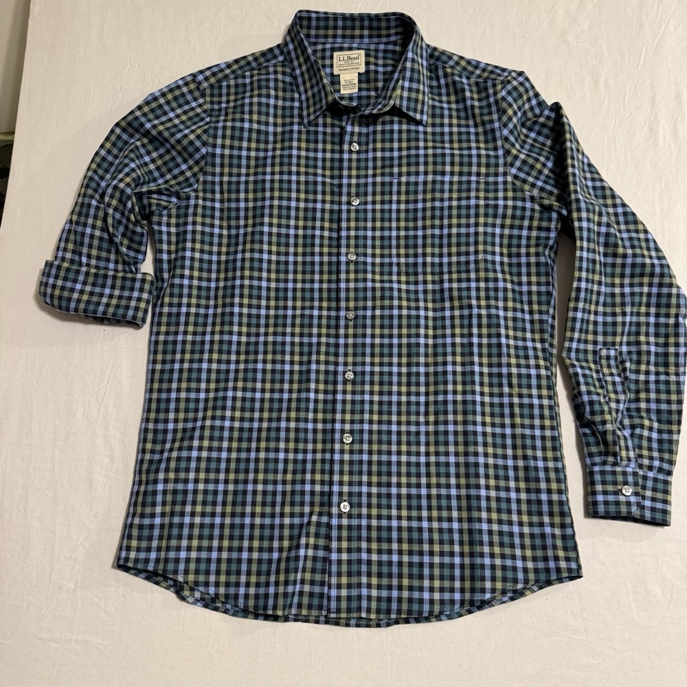 LL Bean Shirt Mens Medium Tall Plaid Slightly Fitted Button Down Cotton Blue